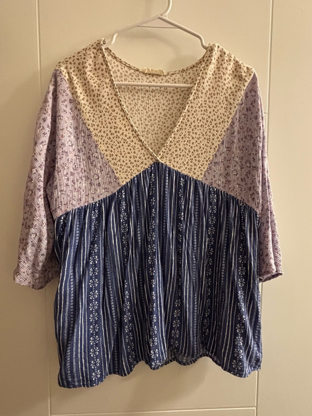 Boho Patchwork V-Neck Peasant Blouse in Lavender, Cream & Navy
